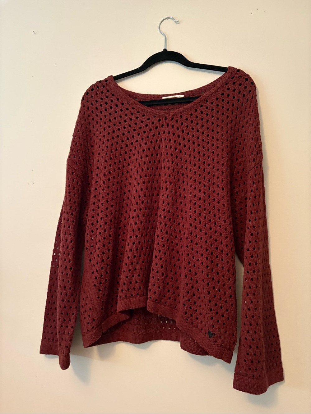 Women's Open-Knit Long Sleeve Sweater - Wine Large
